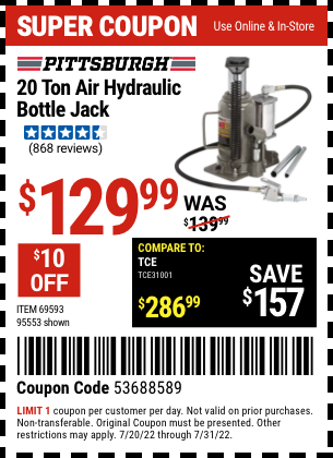 Buy the PITTSBURGH AUTOMOTIVE 20 ton Air Hydraulic Bottle Jack (Item 95553/69593) for $129.99, valid through 7/31/2022.
