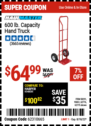 Buy the FRANKLIN 600 lb. Capacity Hand Truck (Item 58291/62775/95061/62776) for $64.99, valid through 8/18/2022.