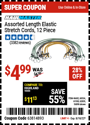 Buy the HAUL-MASTER Assorted Length Elastic Stretch Cords 12 Pc. (Item 56890/46682/60534/61938/62839) for $4.99, valid through 8/18/2022.