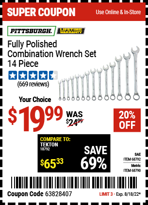 Buy the PITTSBURGH 14 Pc Fully Polished Metric Combination Wrench Set (Item 68790/68792) for $19.99, valid through 8/18/2022.