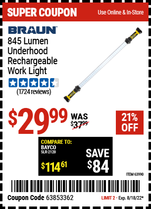 120v 845 Lumen Underhood Rechargeable wireless LED Shop/worklight 