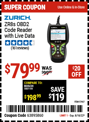 Buy the ZURICH ZR8S OBD2 Code Reader with Live Data (Item 57667) for $79.99, valid through 8/18/2022.