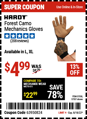Buy the HARDY Forest Camo Mechanics Gloves – X-Large (Item 57558) for $4.99, valid through 8/18/2022.