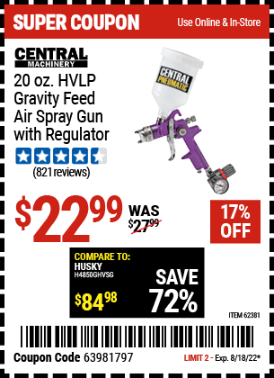 Buy the CENTRAL PNEUMATIC 20 oz. HVLP Gravity Feed Air Spray Gun with Regulator (Item 62381) for $22.99, valid through 8/18/2022.