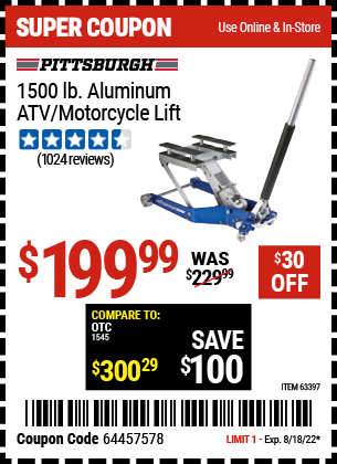 Buy the PITTSBURGH AUTOMOTIVE 1500 lb. Capacity ATV / Motorcycle Lift (Item 63397) for $199.99, valid through 8/18/2022.