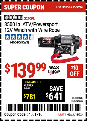 Buy the BADLAND ZXR 3500 Lb. ATV/Powersport 12v Winch With Wire Rope (Item 56259/56528) for $139.99, valid through 8/18/2022.