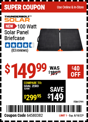 Buy the THUNDERBOLT 100 Watt Solar Panel Briefcase (Item 57991) for $149.99, valid through 8/18/2022.