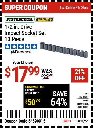 Buy the PITTSBURGH 1/2 in. Drive Metric Impact Socket Set 13 Pc. (Item 64387/64388/64385) for $17.99, valid through 8/18/2022.