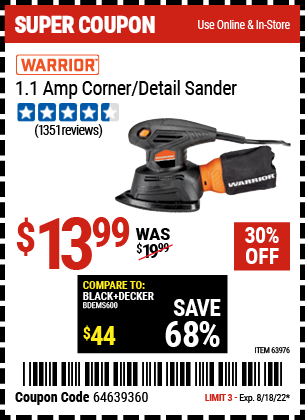 WARRIOR Palm Detail Sander for 13.99 Harbor Freight Coupons