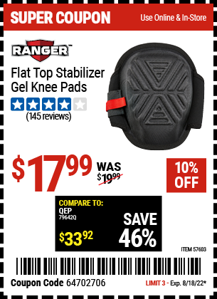 Buy the RANGER Stabilizer Gel Knee Pads (Item 57603) for $17.99, valid through 8/18/2022.