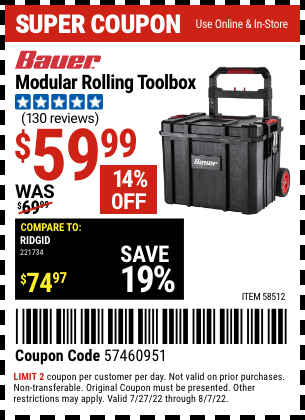 BAUER Modular Rolling Tool Box for $59.99