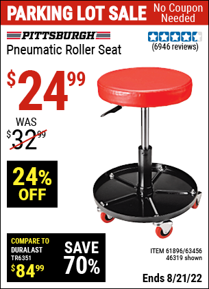 Buy the PITTSBURGH AUTOMOTIVE Pneumatic Roller Seat (Item 46319/61896/63456) for $24.99, valid through 8/21/2022.