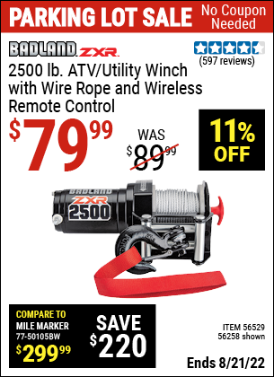 Buy the BADLAND 2500 Lb. ATV/Utility Electric Winch With Wireless Remote Control (Item 56258/56529) for $79.99, valid through 8/21/2022.