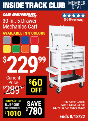 Inside Track Club members can buy the U.S. GENERAL Series 2 30 In. 5 Drawer Mechanic's Cart (Item 56429/58833/64030/64032/64033/64031/64059/64720/64721/64722) for $229.99, valid through 8/18/2022.