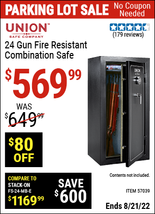 Buy the UNION SAFE COMPANY 24 Gun Fire Resistant Combination Safe (Item 57039) for $569.99, valid through 8/21/2022.