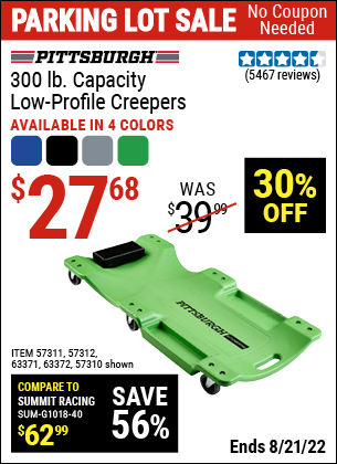Buy the PITTSBURGH AUTOMOTIVE 40 In. 300 Lb. Capacity Low-Profile Creeper, Green (Item 57310/57311/57312/63371/63372/63424/64169) for $27.68, valid through 8/21/2022.
