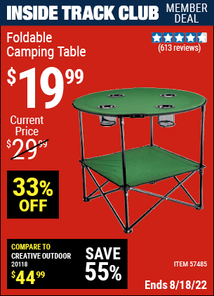 Inside Track Club members can buy the Foldable Camping Table (Item 57485) for $19.99, valid through 8/18/2022.