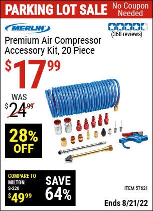 Buy the MERLIN Premium Air Compressor Accessory Kit, 20 Pc. (Item 57621) for $17.99, valid through 8/21/2022.