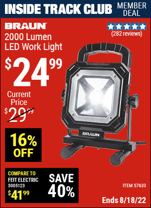 Inside Track Club members can buy the BRAUN 2000 Lumen LED Work Light (Item 57633) for $24.99, valid through 8/18/2022.
