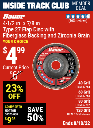 BAUER 4-1/2 in. Zirconia Type 27 Flap Disc for $4.99 – Harbor Freight ...