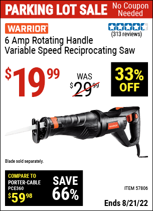 WARRIOR 6 Amp Rotating Handle Variable Speed Reciprocating Saw for $19. ...