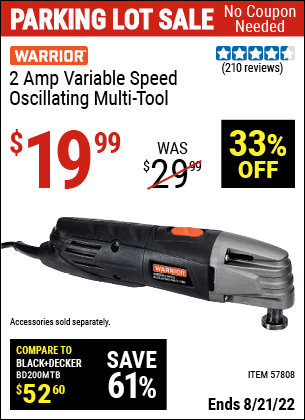 Buy the WARRIOR 2 Amp Variable Speed Oscillating Multi-Tool (Item 57808) for $19.99, valid through 8/21/2022.