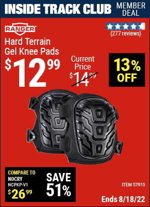 Inside Track Club members can buy the RANGER Hard Terrain Gel Knee Pads (Item 57915) for $12.99, valid through 8/18/2022.