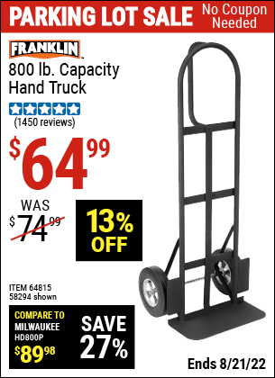 Buy the FRANKLIN 800 lb. Capacity Hand Truck (Item 58294/64815) for $64.99, valid through 8/21/2022.