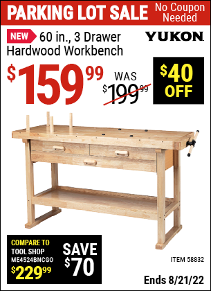 60 in., Three Drawer Hardwood Workbench