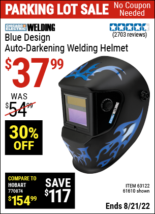 Buy the CHICAGO ELECTRIC Blue Design Auto Darkening Welding Helmet (Item 61610/63122) for $37.99, valid through 8/21/2022.