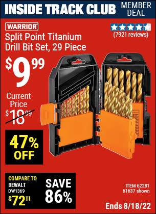 Inside Track Club members can buy the WARRIOR Titanium Drill Bit Set 29 Pc (Item 61637/62281) for $9.99, valid through 8/18/2022.