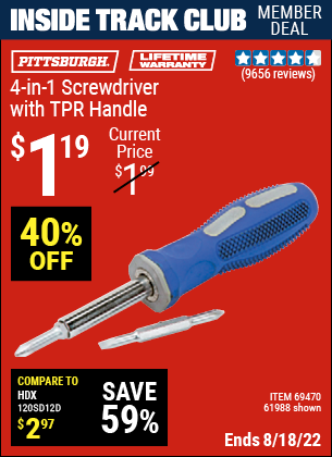 Inside Track Club members can buy the PITTSBURGH 4-in-1 Screwdriver with TPR Handle (Item 61988/69470) for $1.19, valid through 8/18/2022.