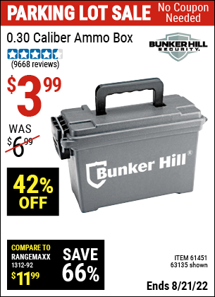 Buy the BUNKER HILL SECURITY Ammo Dry Box (Item 63135/61451) for $3.99, valid through 8/21/2022.