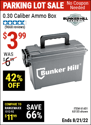 Buy the BUNKER HILL SECURITY Ammo Dry Box (Item 63135/61451) for $3.99, valid through 8/21/2022.