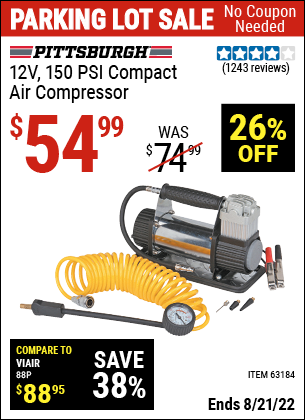 PITTSBURGH AUTOMOTIVE 12V 150 PSI Compact Air Compressor for $54.99