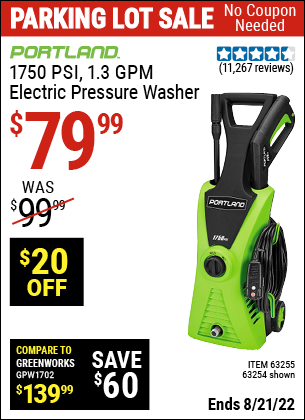 Portland 1750 psi 1.3 gpm deals electric pressure washer 63254 reviews