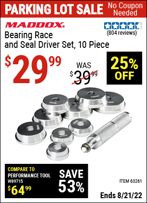 Buy the MADDOX Bearing Race and Seal Driver Set 10 Pc. (Item 63261) for $29.99, valid through 8/21/2022.