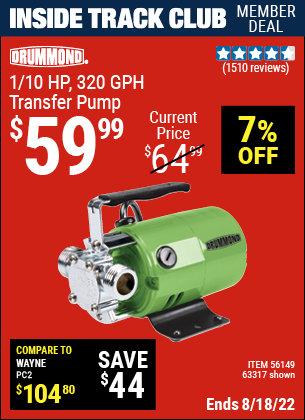Inside Track Club members can buy the DRUMMOND 1/10 HP Transfer Pump (Item 63317/56149) for $59.99, valid through 8/18/2022.