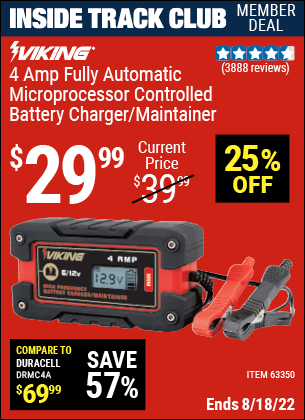 Inside Track Club members can buy the VIKING 4 Amp Fully Automatic Microprocessor Controlled Battery Charger/Maintainer (Item 63350) for $29.99, valid through 8/18/2022.