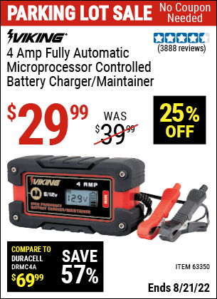 Buy the VIKING 4 Amp Fully Automatic Microprocessor Controlled Battery Charger/Maintainer (Item 63350) for $29.99, valid through 8/21/2022.