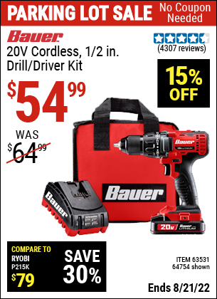Buy the BAUER 20V Hypermax Lithium 1/2 In. Drill/Driver Kit (Item 63531/63531) for $54.99, valid through 8/21/2022.