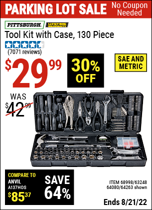 PITTSBURGH 130 Pc Tool Kit With Case for $29.99