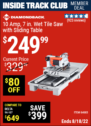 Inside Track Club members can buy the DIAMONDBACK 7 in. Heavy Duty Wet Tile Saw with Sliding Table (Item 64683) for $249.99, valid through 8/18/2022.