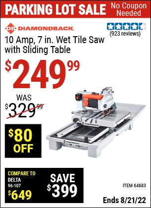 Buy the DIAMONDBACK 7 in. Heavy Duty Wet Tile Saw with Sliding Table (Item 64683) for $249.99, valid through 8/21/2022.