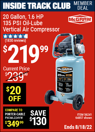 Inside Track Club members can buy the MCGRAW 20 Gallon 1.6 HP 135 PSI Oil Lube Vertical Air Compressor (Item 64857/56241) for $219.99, valid through 8/18/2022.