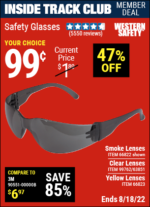 Inside Track Club members can buy the WESTERN SAFETY Safety Glasses with Smoke Lenses (Item 66822/66823/99762/63851) for $0.99, valid through 8/18/2022.