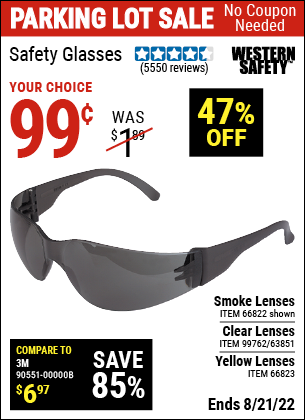 Buy the WESTERN SAFETY Safety Glasses with Smoke Lenses (Item 66822/66823/99762/63851) for $0.99, valid through 8/21/2022.