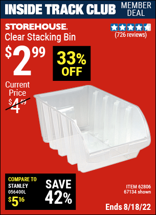 Inside Track Club members can buy the STOREHOUSE Clear Stacking Bin (Item 67134/62806) for $2.99, valid through 8/18/2022.