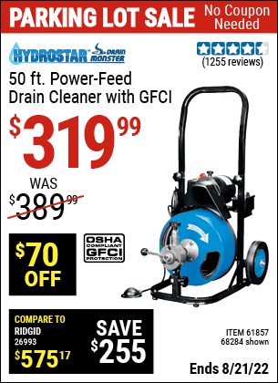 Buy the PACIFIC HYDROSTAR 50 Ft. Commercial Power-Feed Drain Cleaner with GFCI (Item 68284/61857) for $319.99, valid through 8/21/2022.