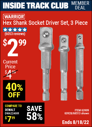 Inside Track Club members can buy the WARRIOR Hex Shank Socket Driver Set 3 Pc. (Item 68513/63909/63928) for $2.99, valid through 8/18/2022.